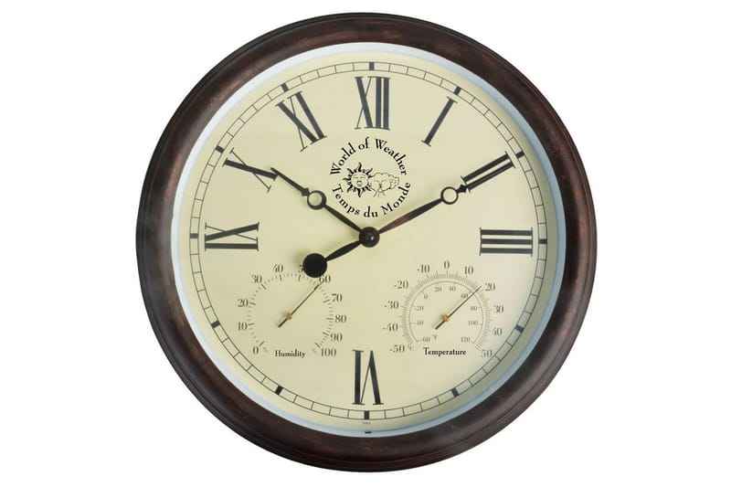 Esschert Design Stasjonsklokke med thermo-hygrometer 30,5 cm - Brun - Innredning - Veggdekorasjon - Veggklokke