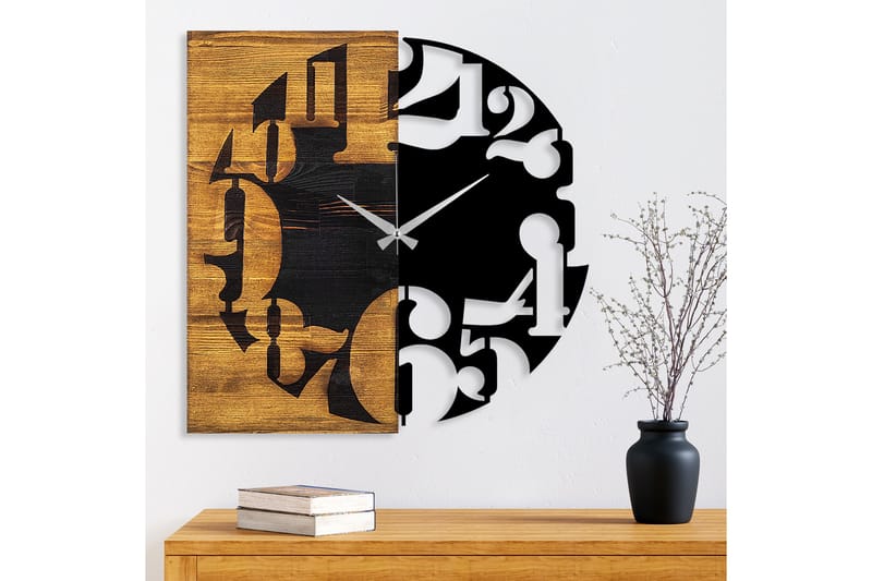 Wooden Clock 3 - Svart/Valnøtt - Veggklokke