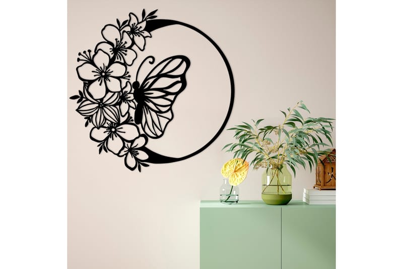 Butterfly And Flower Veggdekor - Svart - Innredning - Veggdekorasjon - Skilt - Metallskilt