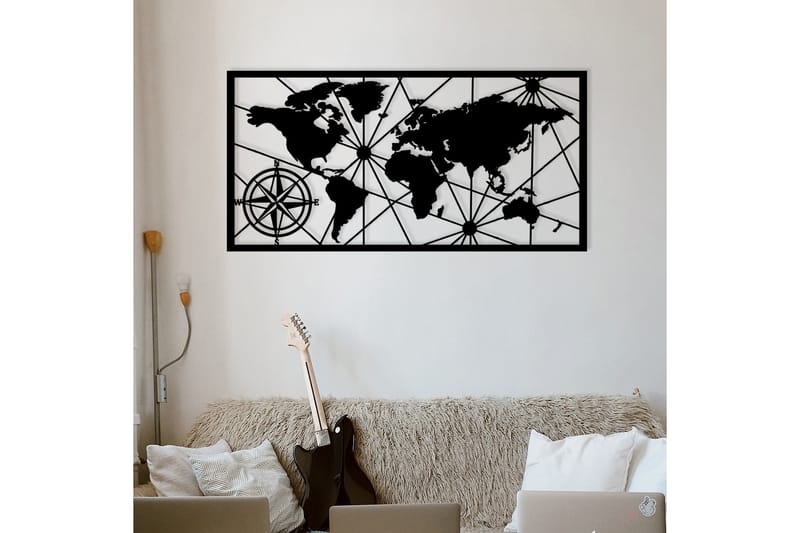 World Map 1 Large Veggdekor - Svart - Metallskilt