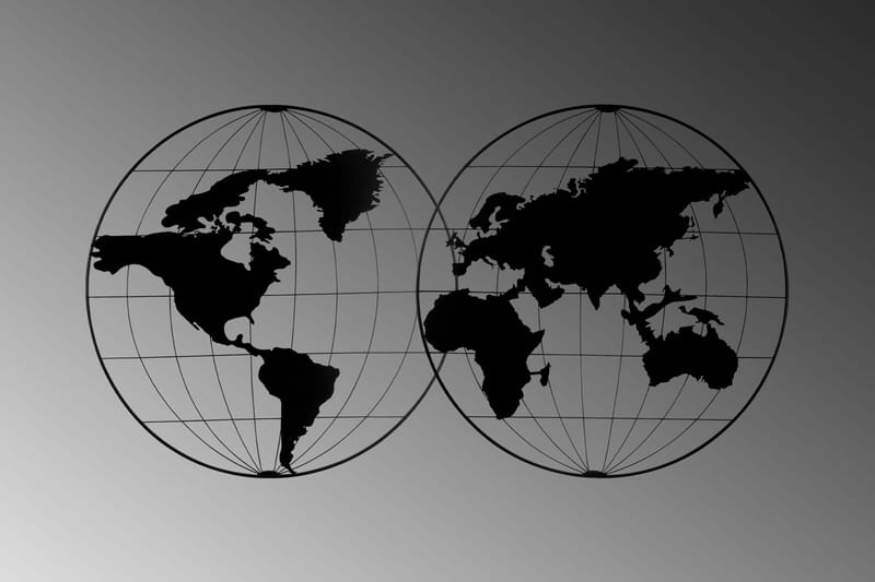 World Map 18 Veggdekor - Svart - Metallskilt