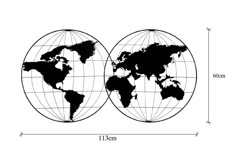 World Map 18 Veggdekor - Svart - Metallskilt