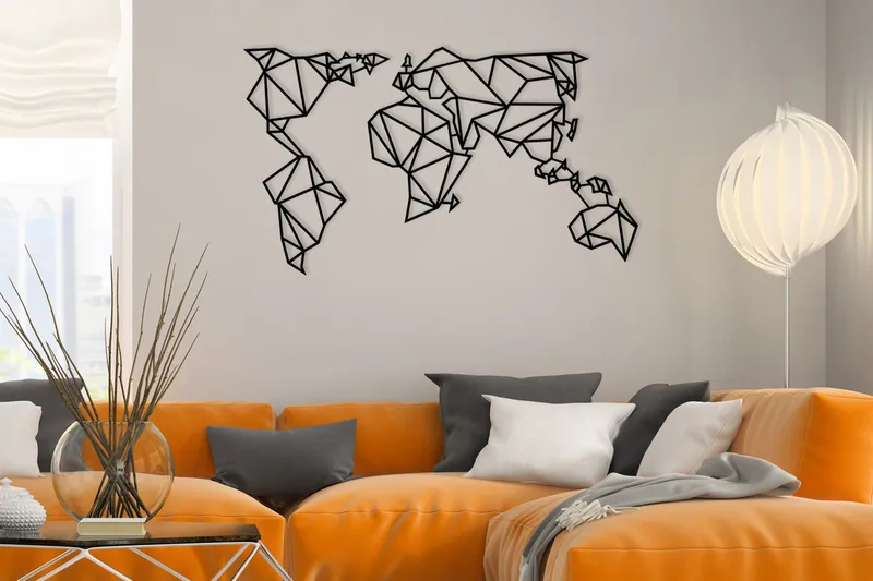 World Map Metal Decor 4 Veggdekor, Svart