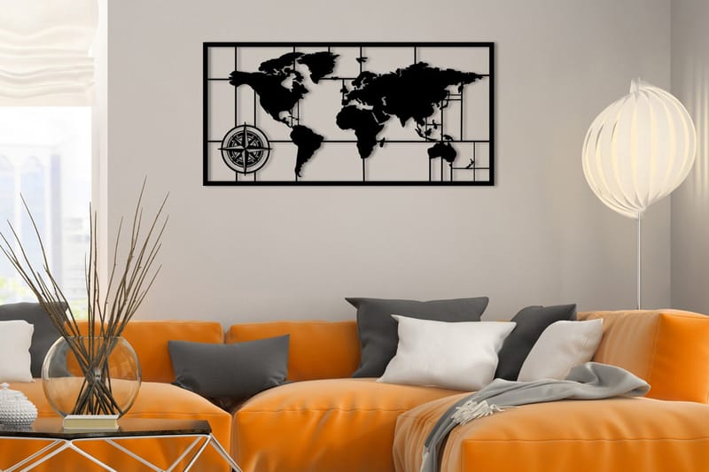 World Map Metal Decor 7 Veggdekor, Svart