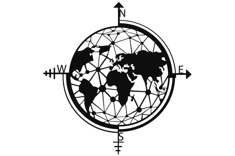 World Map Veggdekor - Svart - Metallskilt