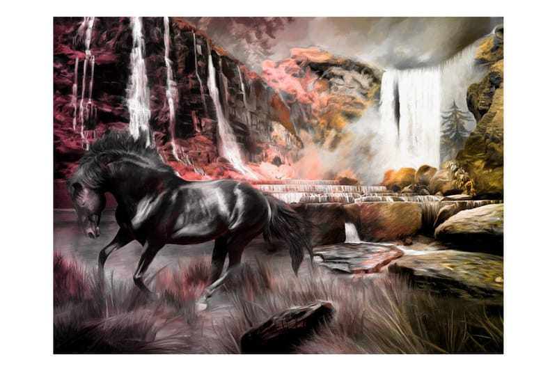 Fototapet Black Horse With A Waterfall 200x154, Artgeist sp. z o. o.