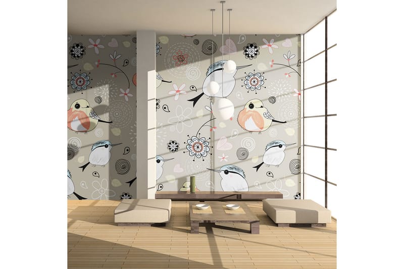 Fototapet Naturlig Mønster Med Fugler 350x270 - Artgeist sp. z o. o. - Innredning - Veggdekorasjon - Tapeter - Fototapeter