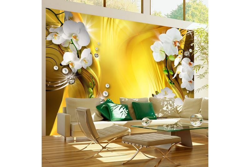 Fototapet Orchid In Gold 300x210 - Artgeist sp. z o. o. - Innredning - Veggdekorasjon - Tapeter - Fototapeter