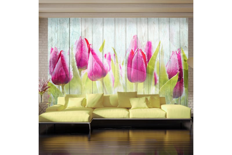 Fototapet Tulips On White Wood 200x140 - Artgeist sp. z o. o. - Innredning - Veggdekorasjon - Tapeter - Fototapeter