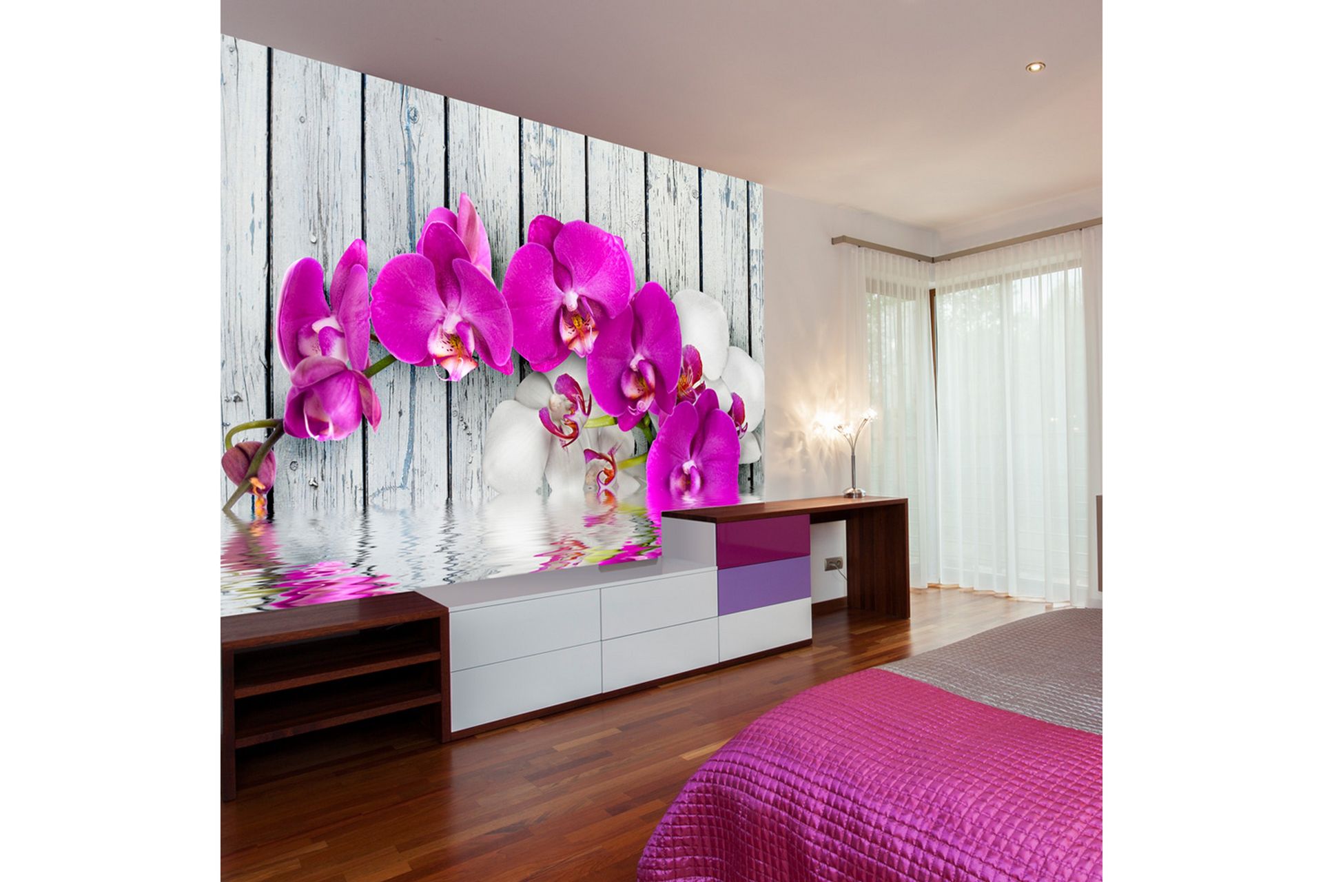 Fototapet Violet Orchids With Water Reflection 200x154 - Artgeist sp. z o. o. - Innredning - Veggdekorasjon - Tapeter - Fototapeter