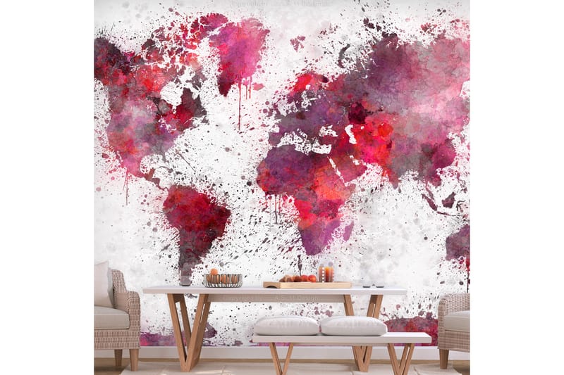 Fototapet World Map Red Watercolors 250x175 - Innredning - Veggdekorasjon - Tapeter - Fototapeter