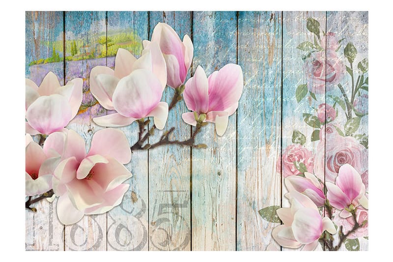 Fototapet Pink Flowers On Wood 400x280 - Artgeist sp. z o. o. - Innredning - Veggdekorasjon - Tapeter - Fototapeter
