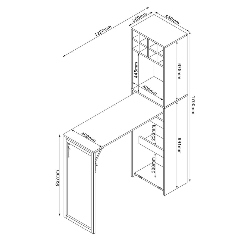 Barhylle med bord HOME4YOU Hannes 44x122(30)x170 cm rustikk melamin - Lyst rustikt tre / svart - Møbler - Bord