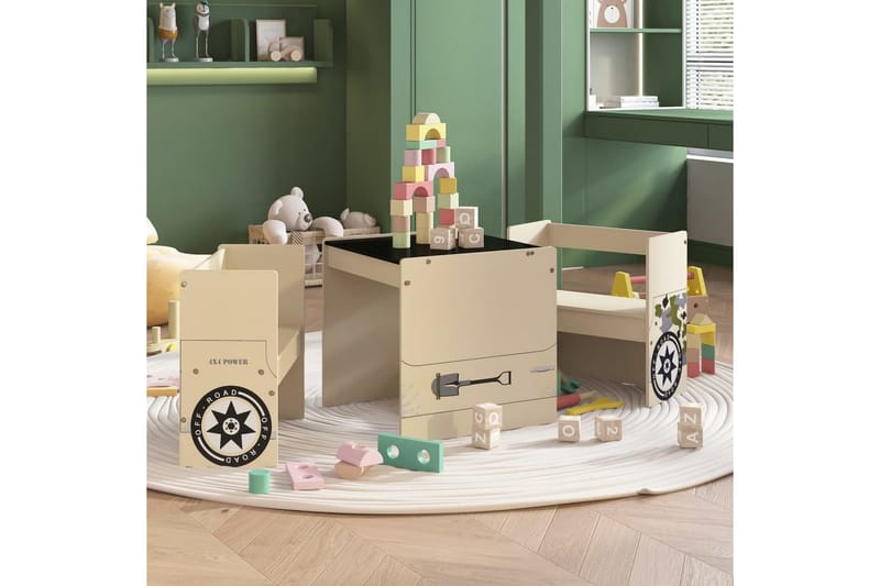 Barnebord og stolsett 3 deler terrengbildesign MDF - Beige - Møbler - Barnemøbler - Barnebord