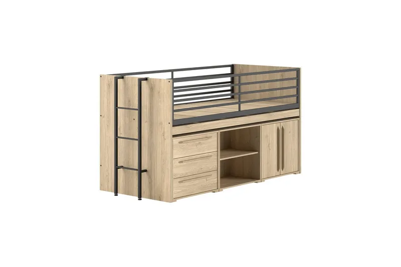 Høyseng, en bokhylle, et skap med 2 dører og en kommode med 3 skuffer Sam Eik, Eik