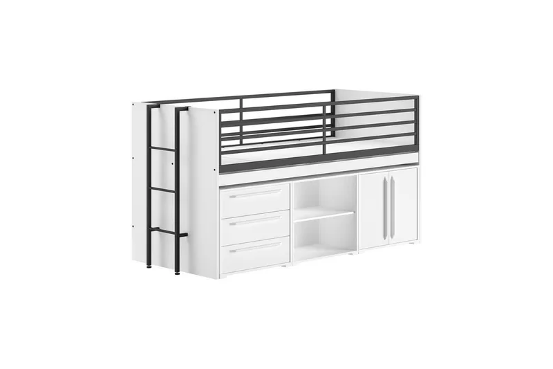 Høyseng, en bokhylle, et skap med 2 dører og en kommode med 3 skuffer Sam Hvit, Hvit