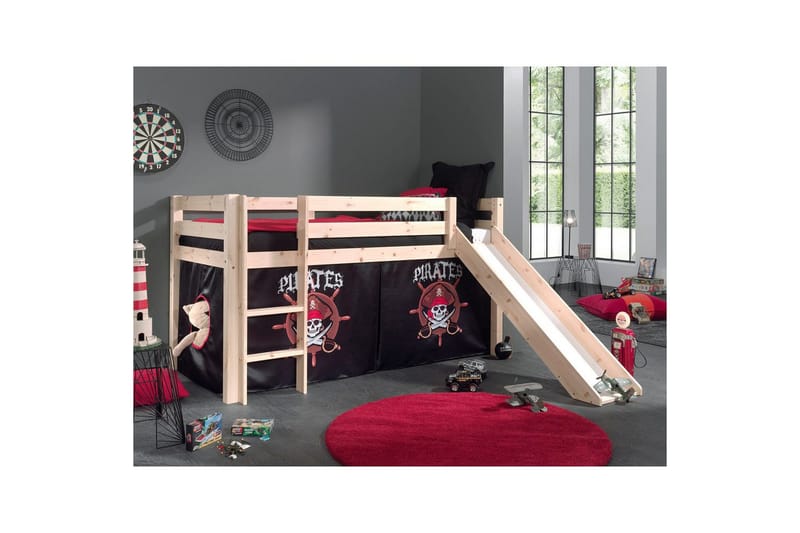 Høyseng med gardin og sklie Pino Naturlig, Pirat - Naturlig, Pirat - Møbler - Barnemøbler - Barneseng & Juniorseng - Loftseng barn
