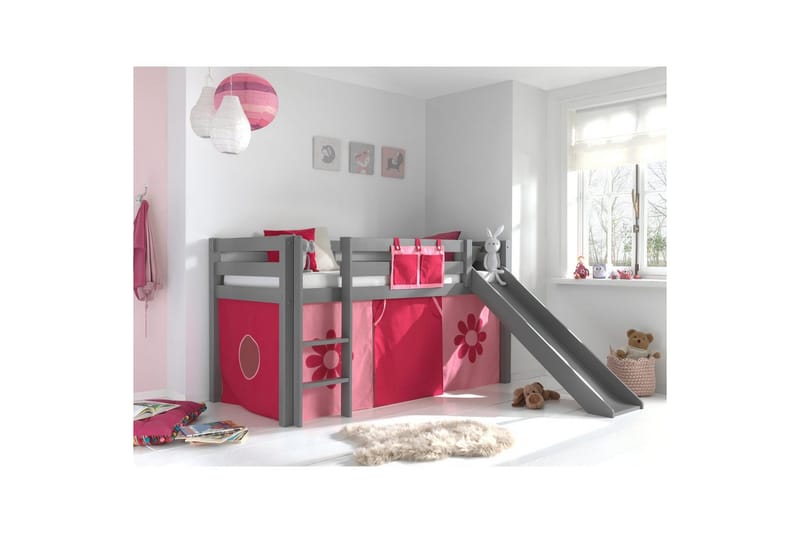Høyseng med gardin og sklie Pino Grå, Rosa blomst - Grå, Rosa blomst - Møbler - Barnemøbler - Barneseng & Juniorseng - Loftseng barn