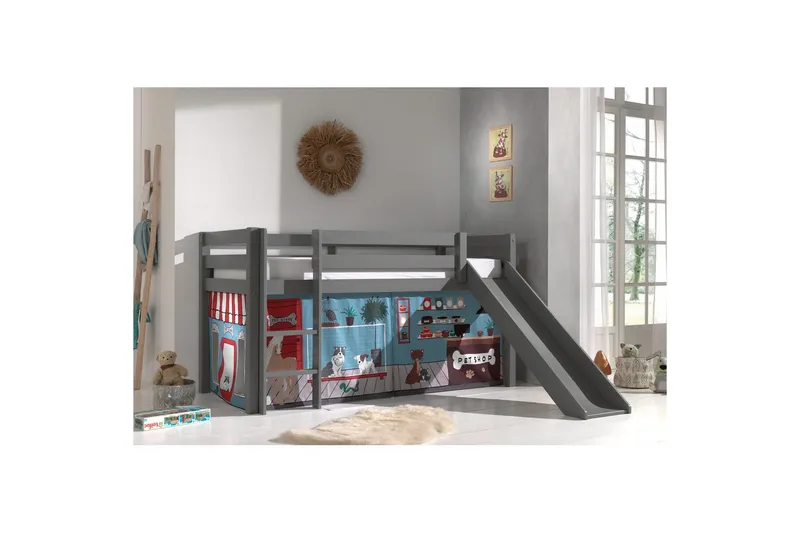 Høyseng med gardin og sklie Pino Grå, Dyrebutikk - Grå, Dyrebutikk - Møbler - Barnemøbler - Barneseng & Juniorseng - Loftseng barn