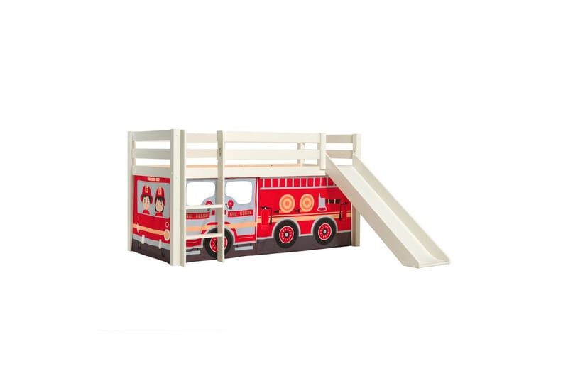 Høyseng med gardin og sklie Pino Hvit, Brannbil - Hvit, Brannbil - Møbler - Barnemøbler - Barneseng & Juniorseng - Loftseng barn