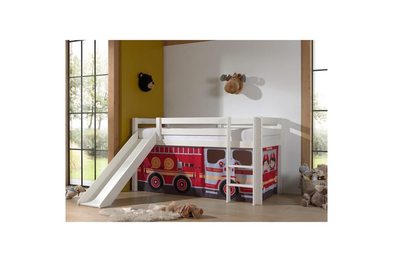 Høyseng med gardin og sklie Pino Hvit, Brannbil - Hvit, Brannbil - Møbler - Barnemøbler - Barneseng & Juniorseng - Loftseng barn