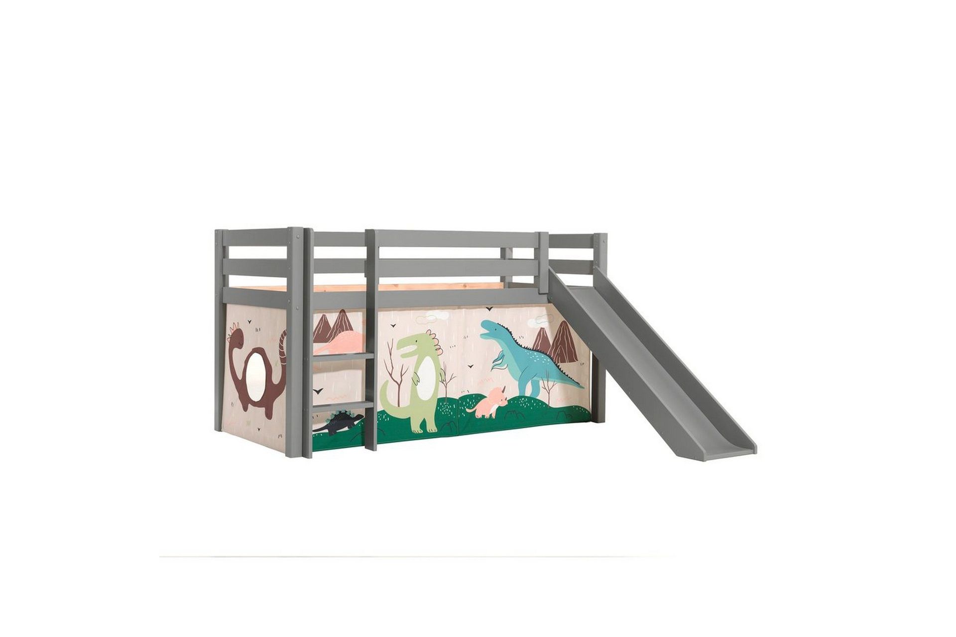 Høyseng med gardin og sklie Pino Grå, Dino - Grå, Dino