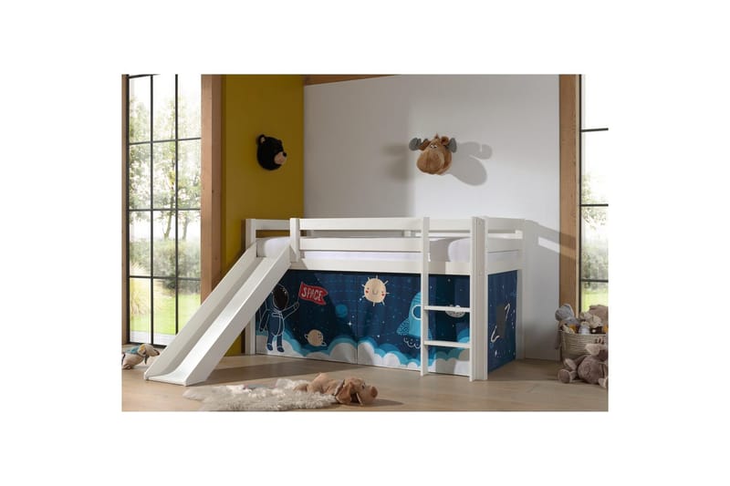 Høyseng med gardin og sklie Pino Hvit, Romferge - Hvit, Romferge - Møbler - Barnemøbler - Barneseng & Juniorseng - Loftseng barn