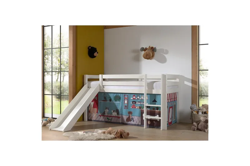 Høyseng med gardin og sklie Pino Hvit, Dyrebutikk - Hvit, Dyrebutikk - Møbler - Barnemøbler - Barneseng & Juniorseng - Loftseng barn