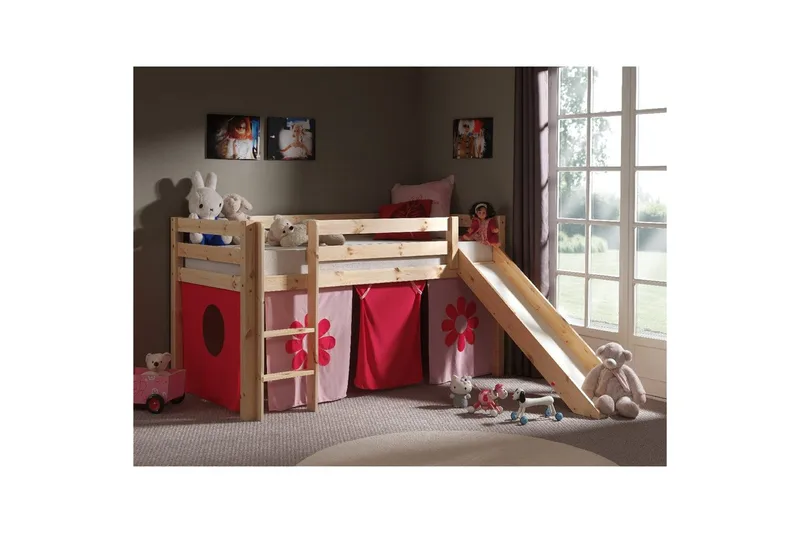 Høyseng med gardin og sklie Pino Naturlig, Rosa blomst - Naturlig, Rosa blomst - Møbler - Barnemøbler - Barneseng & Juniorseng - Loftseng barn