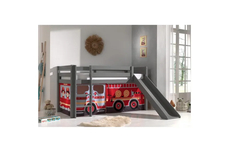 Høyseng med gardin og sklie Pino Grå, Brannbil - Grå, Brannbil - Møbler - Barnemøbler - Barneseng & Juniorseng - Loftseng barn