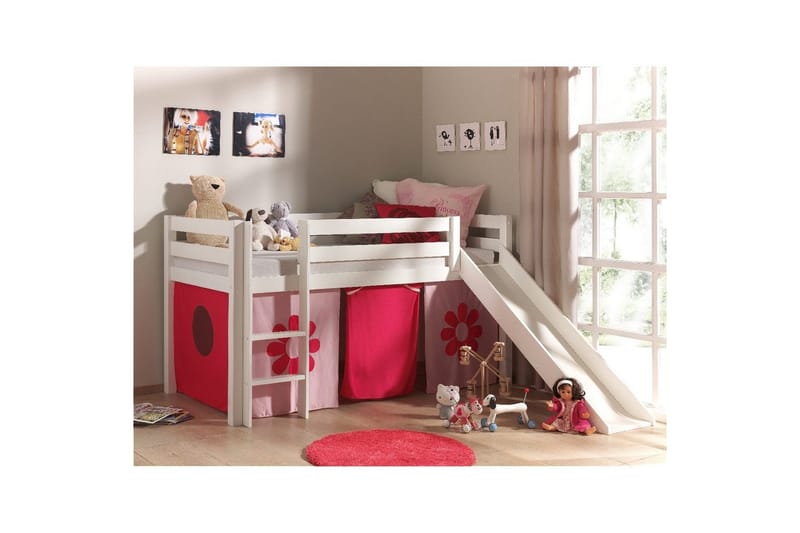 Høyseng med gardin og sklie Pino Hvit, Rosa blomst - Hvit, Rosa blomst - Møbler - Barnemøbler - Barneseng & Juniorseng - Loftseng barn