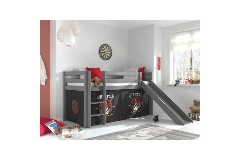 Høyseng med gardin og sklie Pino Grå, Pirat - Grå, Pirat - Møbler - Barnemøbler - Barneseng & Juniorseng - Loftseng barn