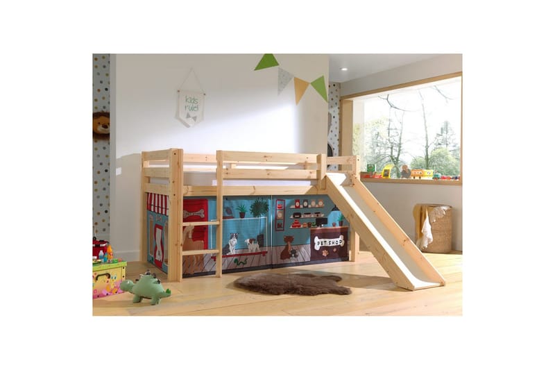 Høyseng med gardin og sklie Pino Naturlig, Dyrebutikk - Naturlig, Dyrebutikk - Møbler - Barnemøbler - Barneseng & Juniorseng - Loftseng barn