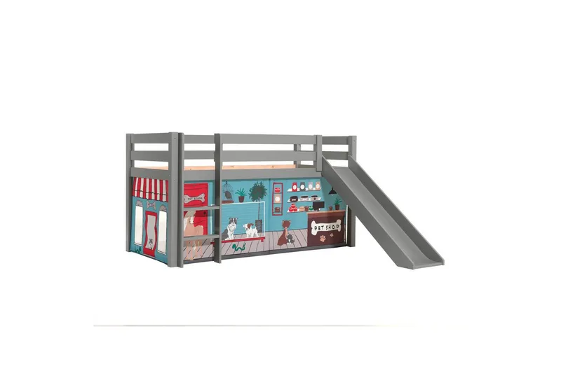 Høyseng med gardin og sklie Pino Grå, Dyrebutikk - Grå, Dyrebutikk - Møbler - Barnemøbler - Barneseng & Juniorseng - Loftseng barn