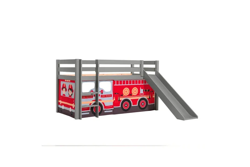 Høyseng med gardin og sklie Pino Grå, Brannbil - Grå, Brannbil - Møbler - Barnemøbler - Barneseng & Juniorseng - Loftseng barn