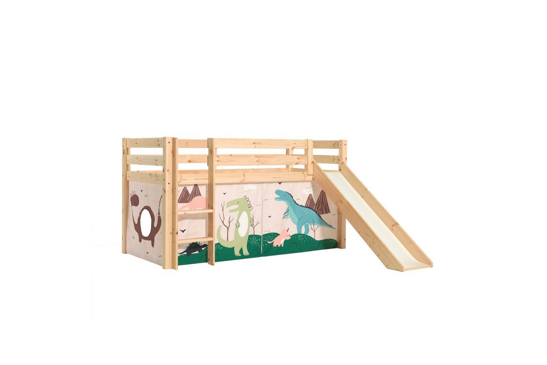 Høyseng med gardin og sklie Pino Naturlig, Dino - Naturlig, Dino