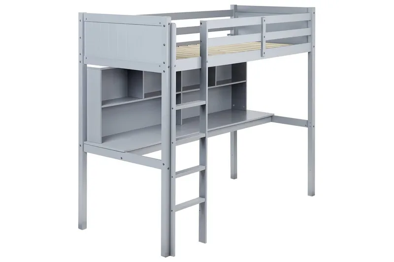 Høyseng med skrivebord Foucamont - Grå - Møbler - Barnemøbler - Barneseng & Juniorseng - Loftseng barn