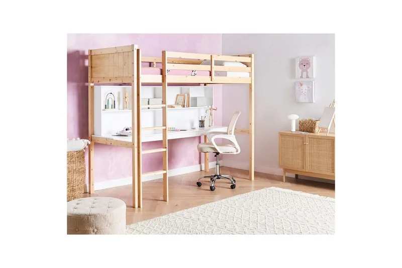 Høyseng med skrivebord Foucamont - Lyst tre, hvit - Møbler - Barnemøbler - Barneseng & Juniorseng - Loftseng barn