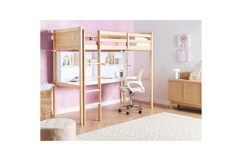 Høyseng med skrivebord Foucamont - Lyst tre, hvit - Møbler - Barnemøbler - Barneseng & Juniorseng - Loftseng barn