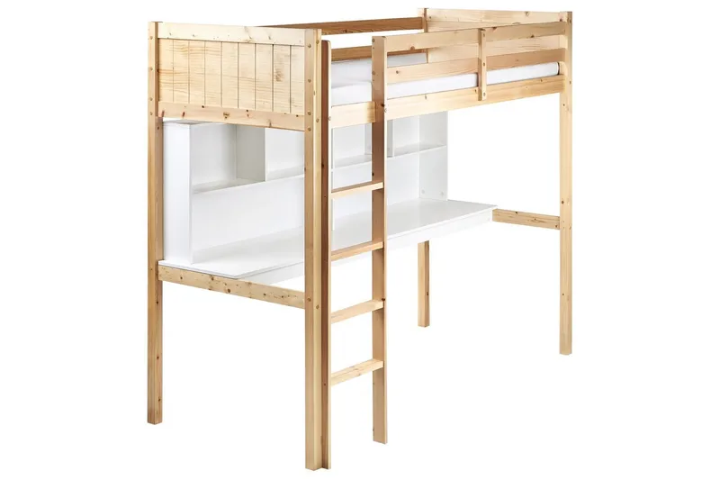 Høyseng med skrivebord Foucamont - Lyst tre, hvit - Møbler - Barnemøbler - Barneseng & Juniorseng - Loftseng barn