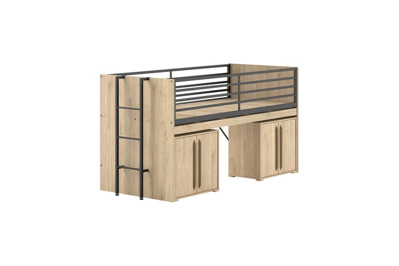 Høyseng og 2 skap med dører Sam Eik - Eik - Møbler - Barnemøbler - Barneseng & Juniorseng - Loftseng barn