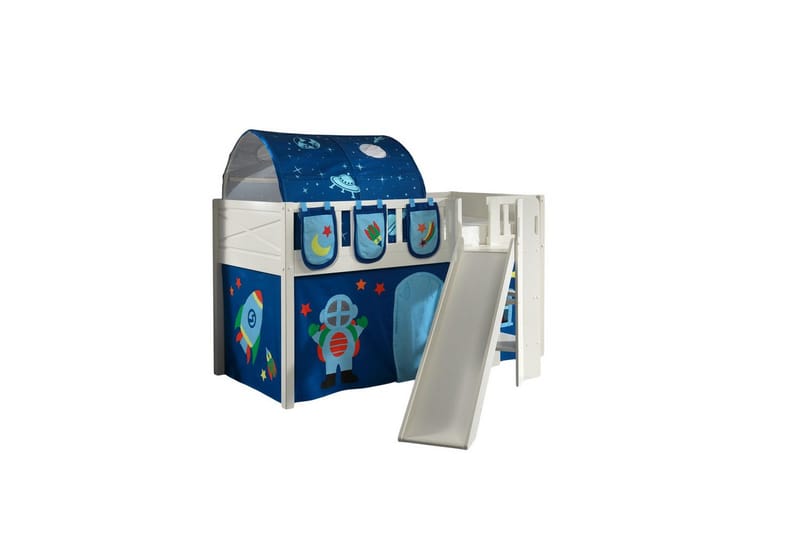 Halvhøy seng med sklie og matchende tekstilsett (lekgardin, tunnel og oppbevaringslommer) Scott Astro - Astro - Møbler - Barnemøbler - Barneseng & Juniorseng - Loftseng barn