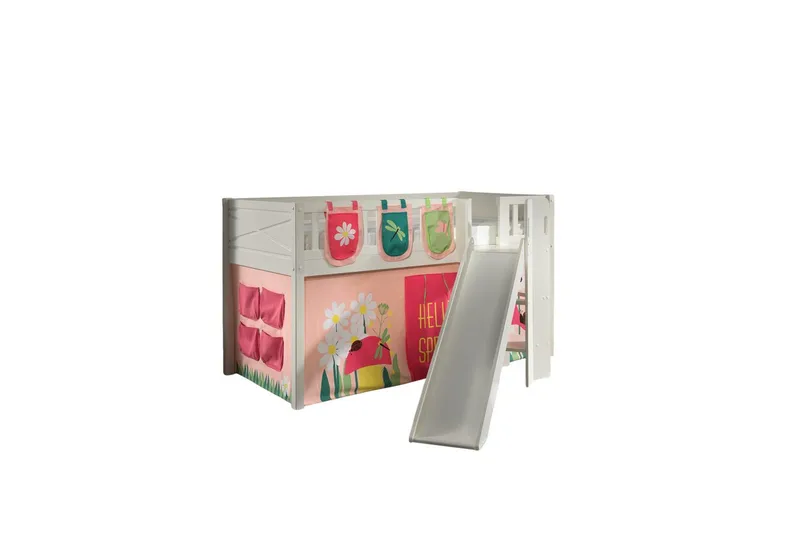 Halvhøy seng med sklie og matchende tekstilsett (lekgardin og oppbevaringslommer) Scott Vår, Vår