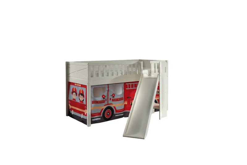 Halvhøy seng med sklie og matchende tekstilsett (lekgardin) Scott Brannbil - Brannbil - Møbler - Barnemøbler - Barneseng & Juniorseng - Loftseng barn