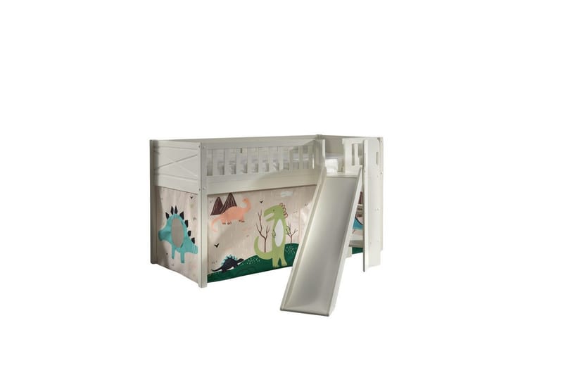 Halvhøy seng med sklie og matchende tekstilsett (lekgardin) Scott Dino - Dino - Møbler - Barnemøbler - Barneseng & Juniorseng - Loftseng barn