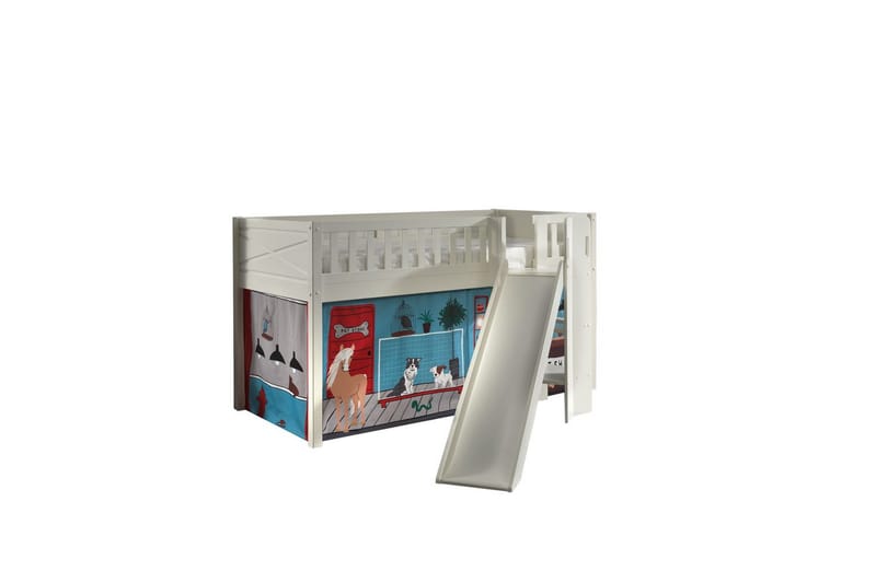 Halvhøy seng med sklie og matchende tekstilsett (lekgardin) Scott Dyrebutikk, Dyrebutikk