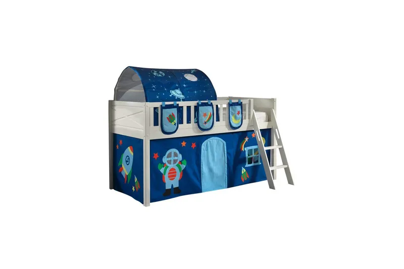 Halvhøy seng med stige og matchende tekstilsett (lekgardin, tunnel og oppbevaringslommer) Scott Astro - Astro - Møbler - Barnemøbler - Barneseng & Juniorseng - Loftseng barn