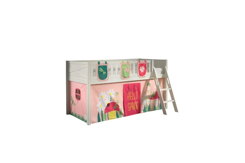 Halvhøy seng med stige og matchende tekstilsett (lekgardin og oppbevaringslommer) Scott Vår, Vår