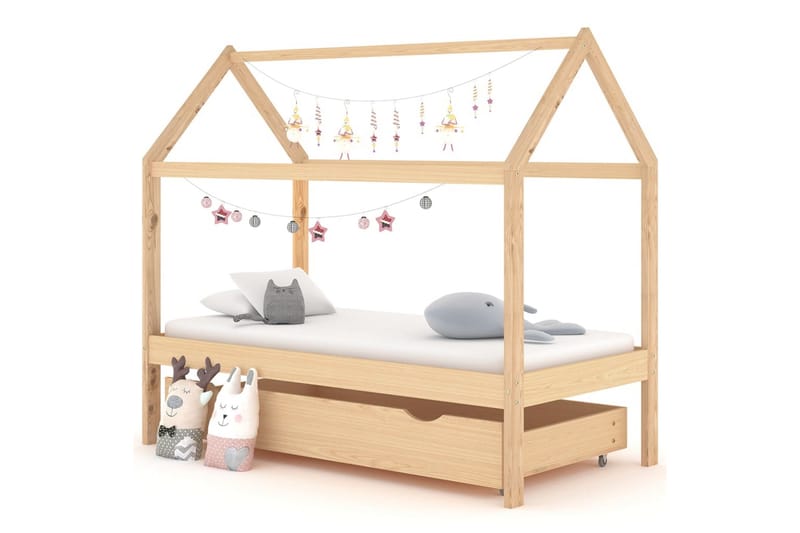 Ramme for barneseng hus med skuff heltre furu 80x160 cm - Brun - Møbler - Barnemøbler - Barneseng & Juniorseng - Husseng