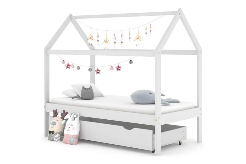Ramme for barneseng hus med skuff heltre furu hvit 80x160 cm - Hvit - Møbler - Barnemøbler - Barneseng & Juniorseng - Husseng